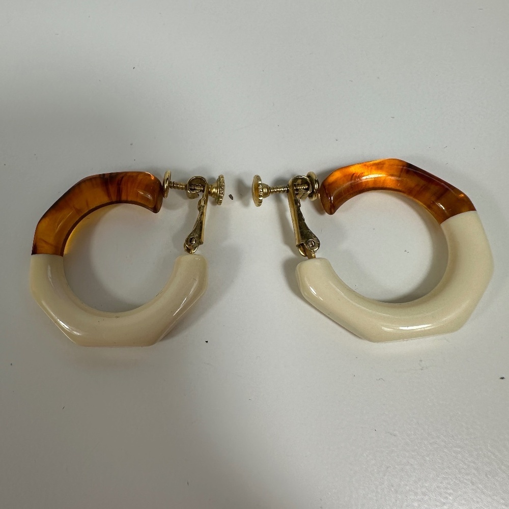 Vintage Lucite Cookies And Cream Hoop Screwback Earrings